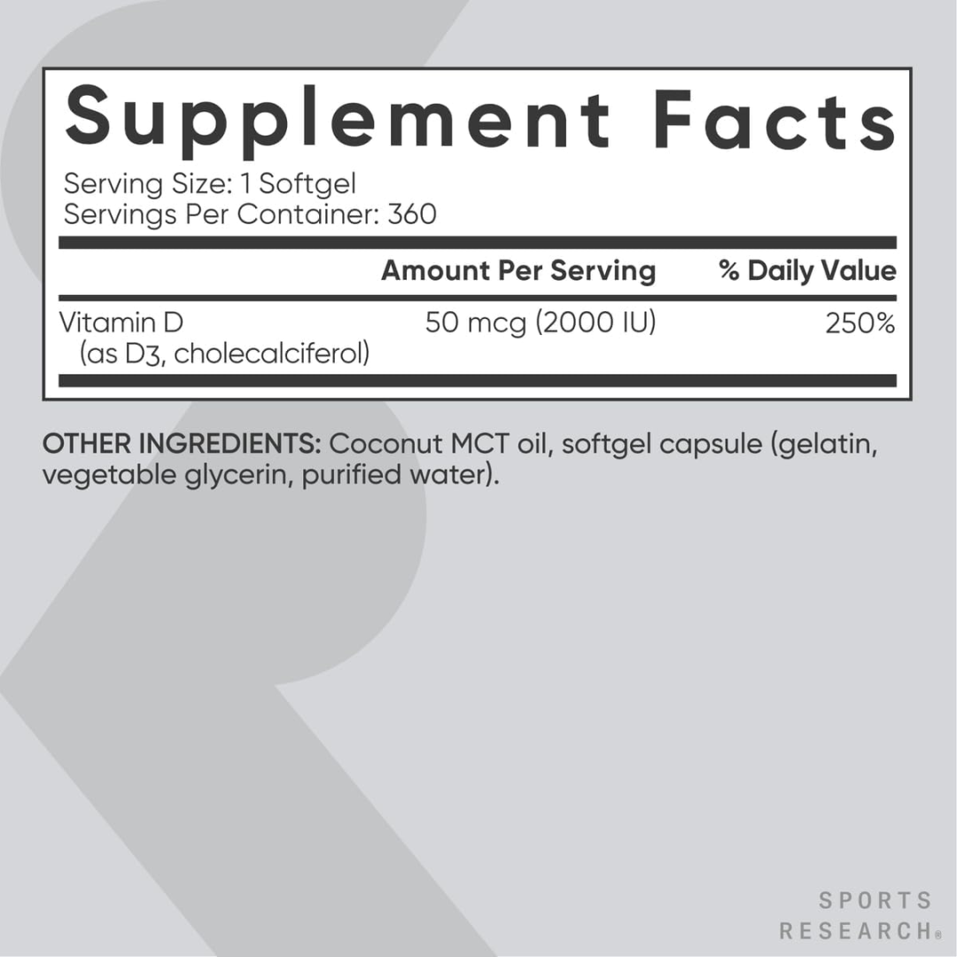 Sports Research Vitamin D3 with Coconut Oil Softgels