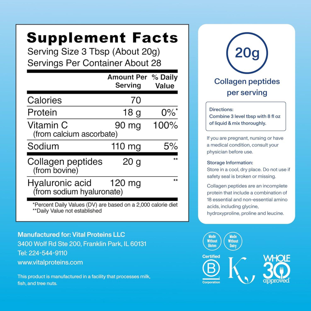 Vital Proteins Collagen Peptides Powder with Hyaluronic Acid and Vitamin C, Unflavored, 20 OZ