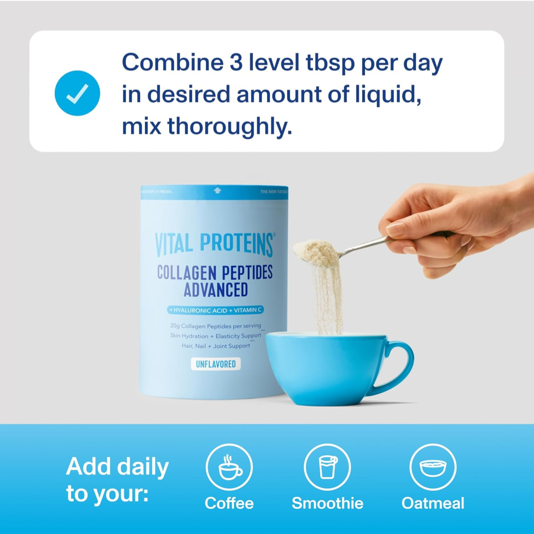 Vital Proteins Collagen Peptides Powder with Hyaluronic Acid and Vitamin C, Unflavored, 20 OZ