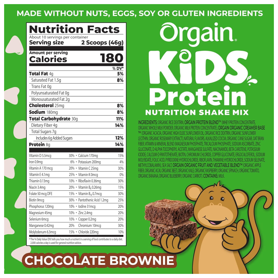 Orgain Kids Protein Powder Shake Mix, Chocolate Brownie - 1lb