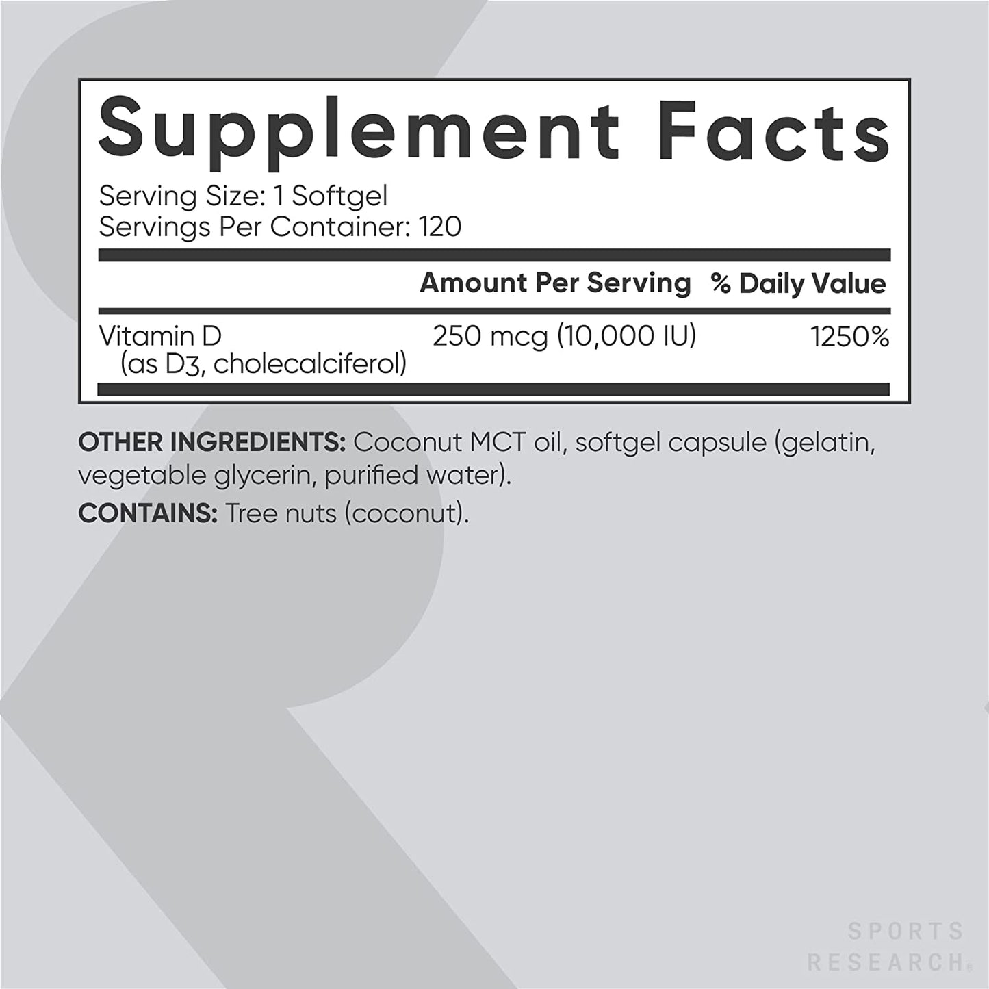 Sports Research Vitamin D3 with Coconut Oil Softgels
