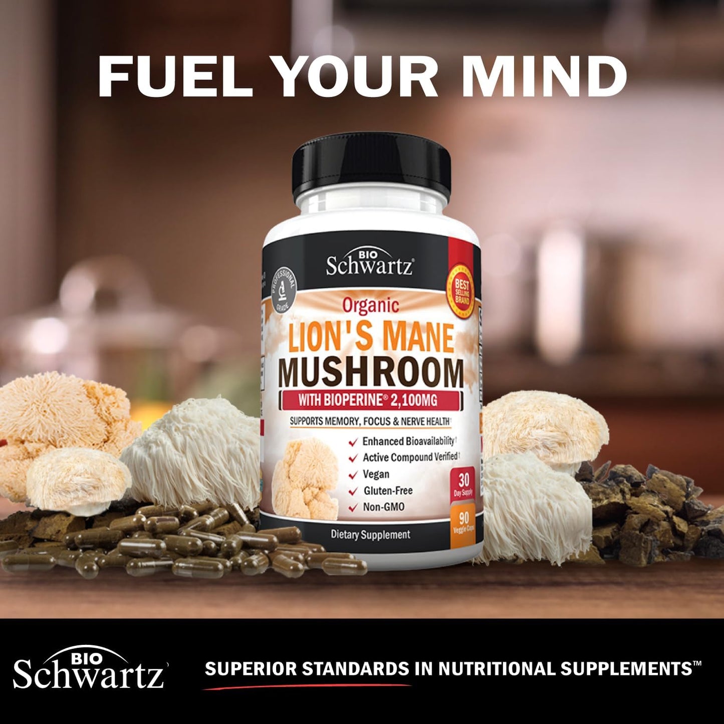 BioSchwartz Organic Lions Mane Supplement Capsules- 90 Capsules