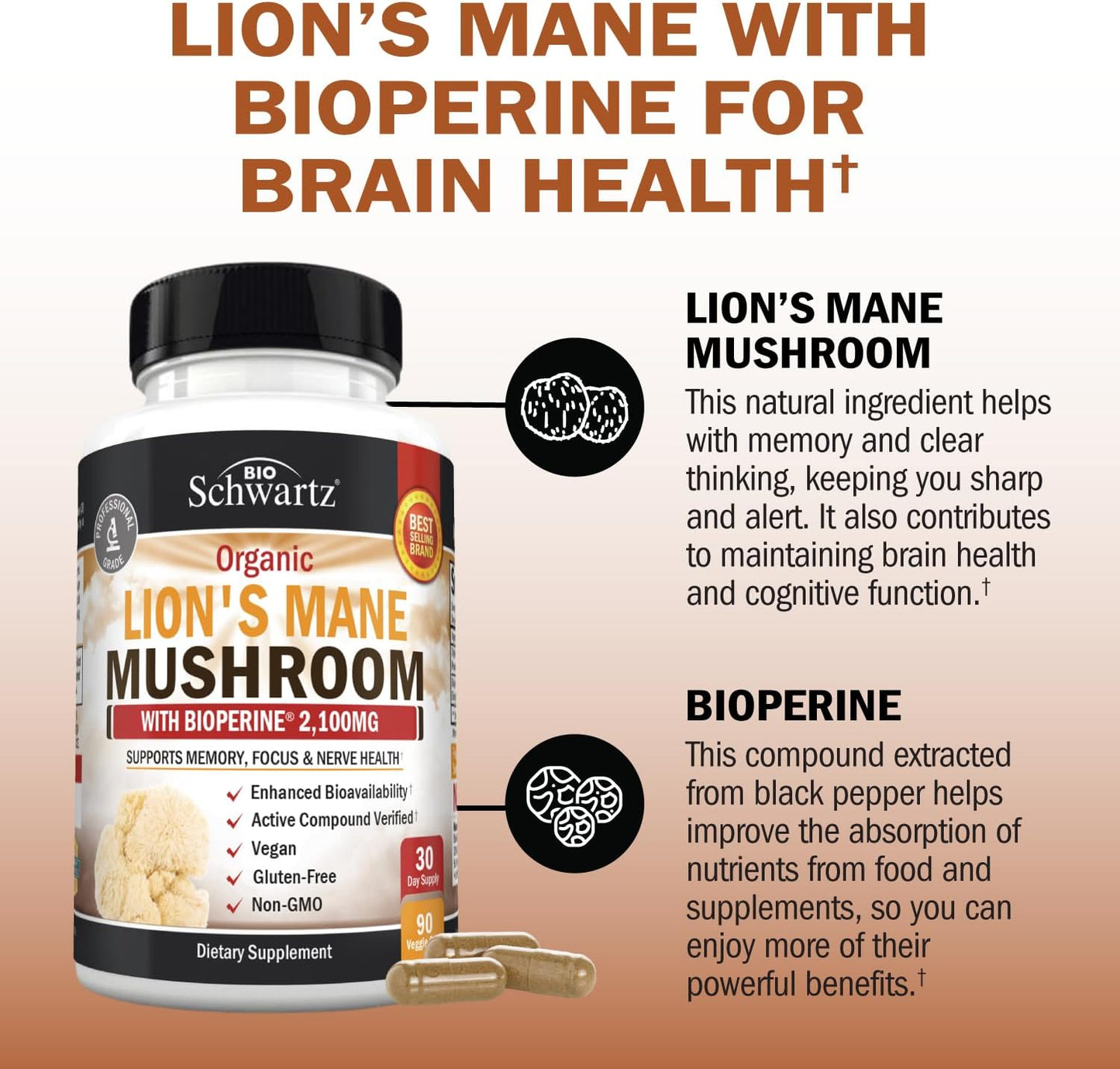 BioSchwartz Organic Lions Mane Supplement Capsules- 90 Capsules