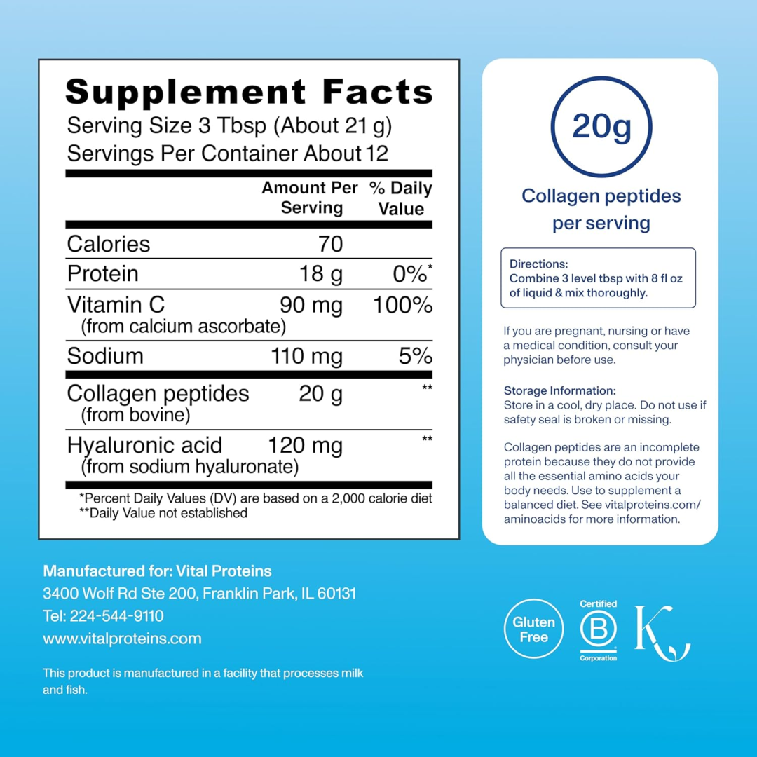 Vital Proteins Collagen Peptides Powder, Unflavored with Hyaluronic Acid and Vitamin C, 9.33 OZ