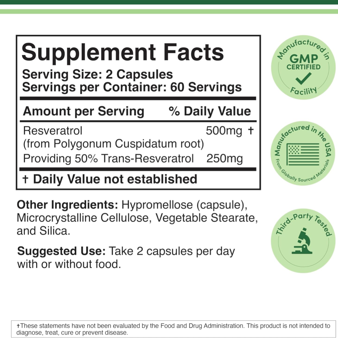Double Wood Resveratrol Supplement 500mg Per Serving, 120 Capsules