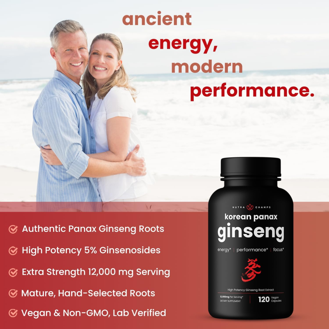 NutraChamps Korean Red Panax Ginseng Capsules (120 Vegan Capsules)