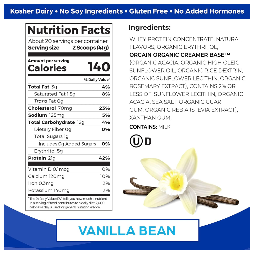 Orgain Grass Fed Whey Protein Powder, Vanilla Bean