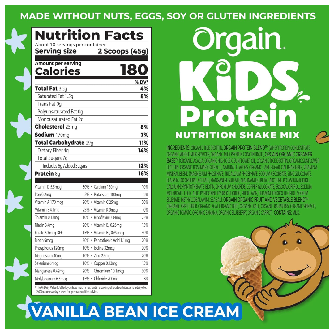 Orgain Kids Protein Powder Shake Mix, Vanilla Bean Ice Cream  - 1lb