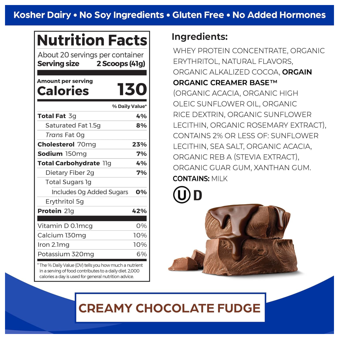 Orgain Grass Fed Whey Protein Powder, Creamy Chocolate Fudge