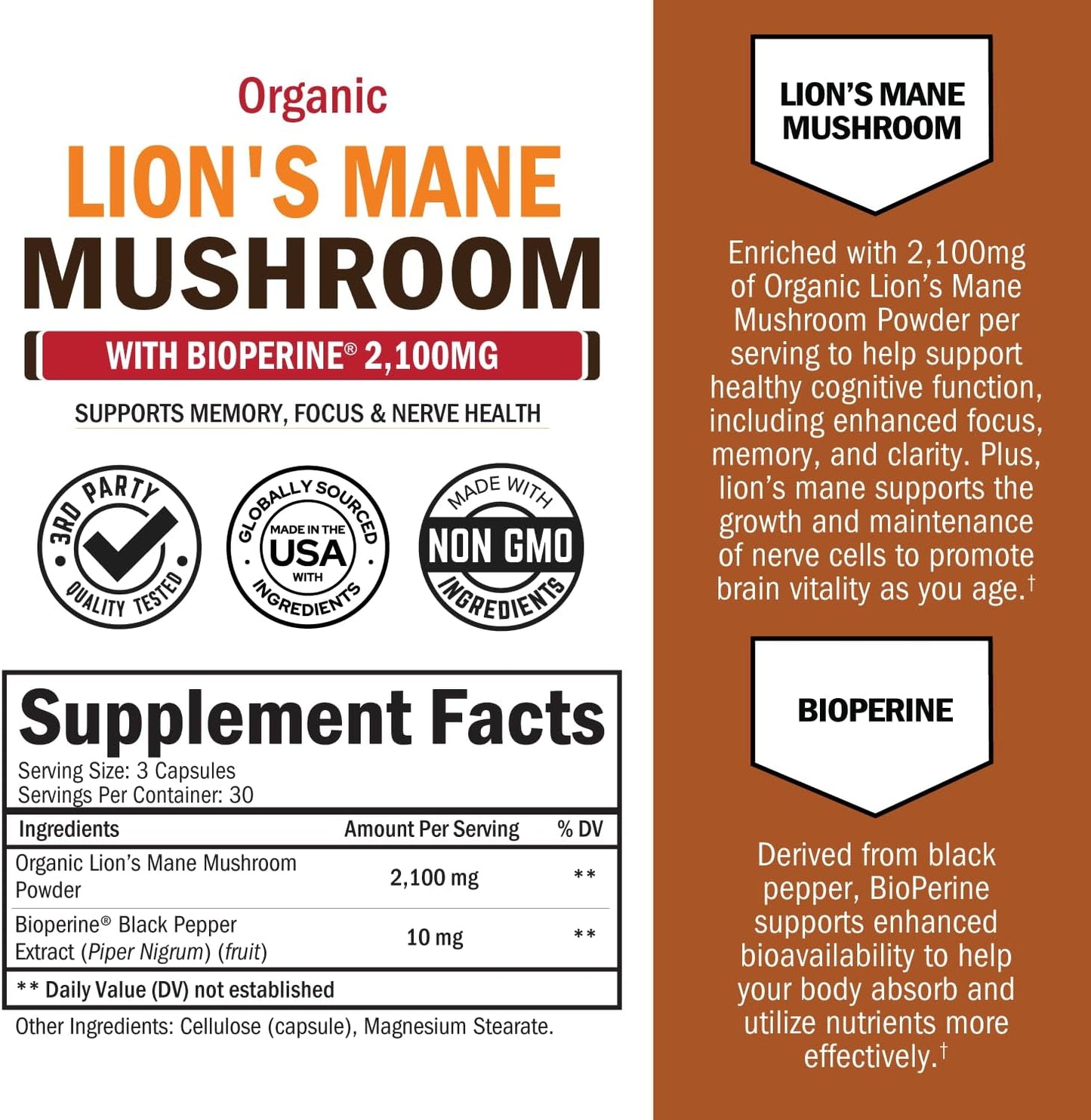 BioSchwartz Organic Lions Mane Supplement Capsules- 90 Capsules