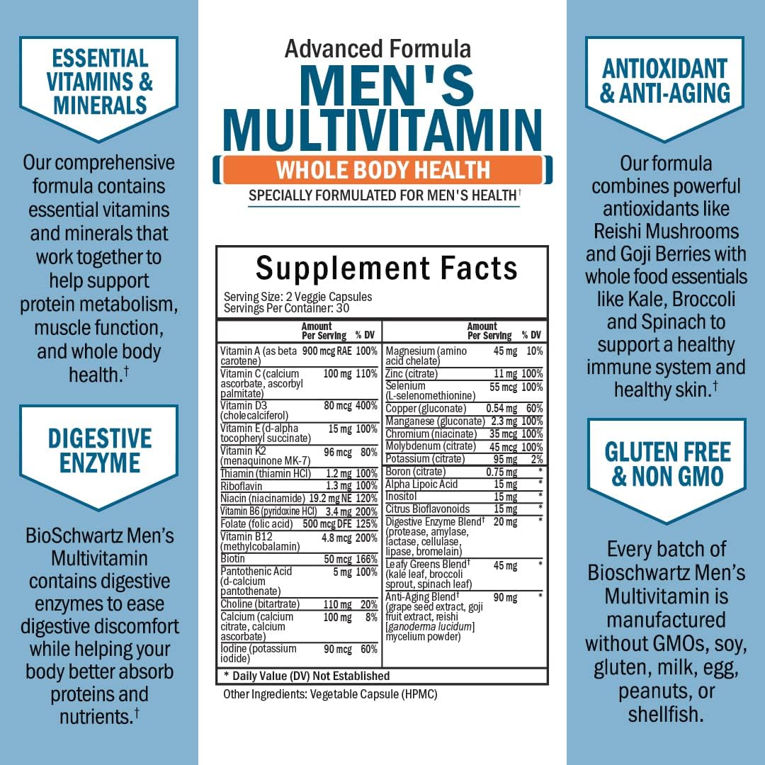 BioSchwartz Men's Multivitamin with Vitamin C A B D3 E Zinc for Immune Support- 60 Capsules