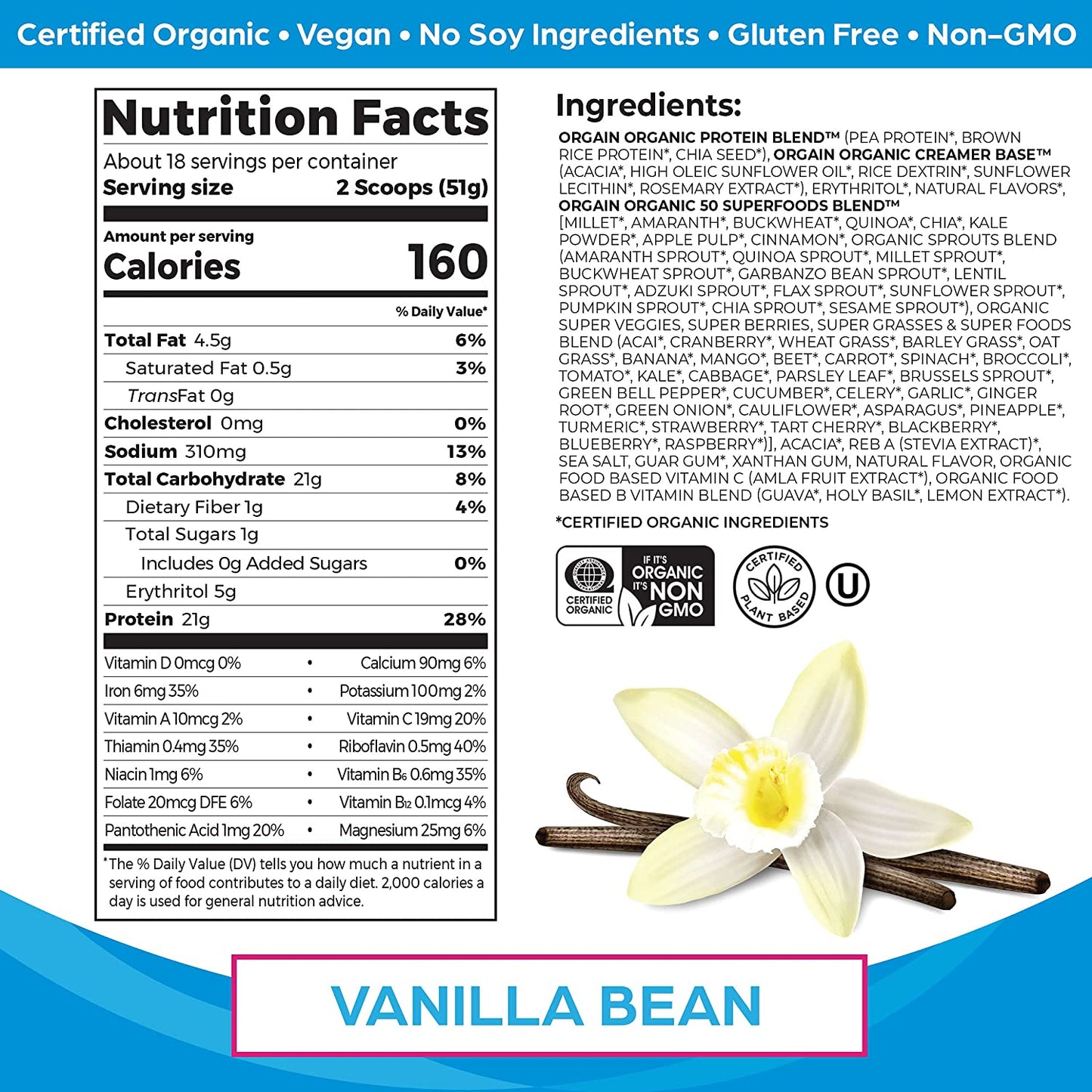 Orgain Plant Based Protein & Superfoods Vanilla Bean